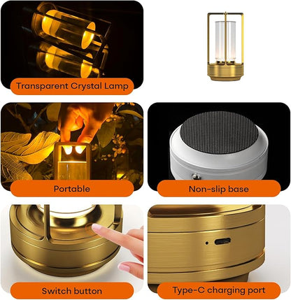 Portable Metal Table Lamp for Indoor/Outdoor ,Rechargeable Cordless LED Lamp, 3-Colour Infinitely Dimming Battery Powered Small Desk Lamp, Restaurant/Bedroom/Bar/Coffee/Camping Light (Gold Set of 2)