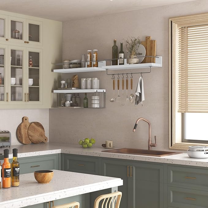 22.5 inches Bathroom Shelves Over Toilet for Wall, Floating Shelves with Storage Basket Paper Holer for Kitchen Living Room, Bedroom & Classroom, Set of 3 (White and Grey)