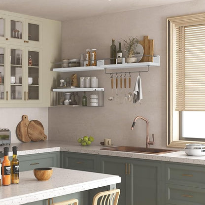 22.5 inches Bathroom Shelves Over Toilet for Wall, Floating Shelves with Storage Basket Paper Holer for Kitchen Living Room, Bedroom & Classroom, Set of 3 (White and Grey)