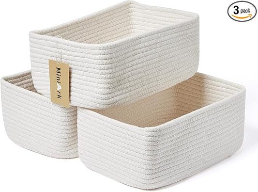 Small Storage Baskets for Organizing | Closet Organizer Bins | Shelf Toy Basket | Woven Rope Baskets | Cube Decorative Box | Shallow Basket | 11.5x7.5x4.7” | 3 Packs Off White