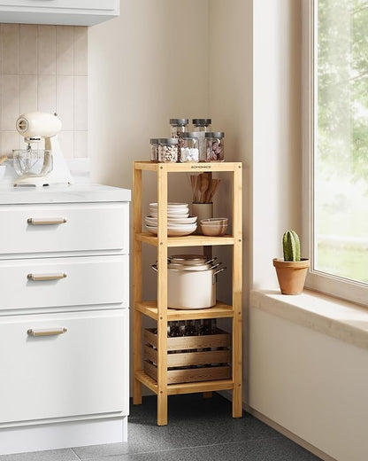 SONGMICS Bamboo Storage Shelf, 4-Tier Shelving Unit, Multifunctional, in the Entryway, Bathroom, Living Room, Balcony, Kitchen, 13 x 13 x 38.6 Inches, Light Bamboo UBCB54Y