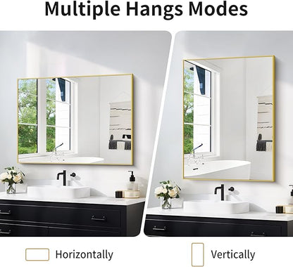 30x40In Gold Bathroom Mirror for Wall, Brushed Gold Rectangle Mirrors with Metal Frame, Bathroom Rectangular Mirror Modern Wall Mirror for Bedroom Living Room, Hangs Horizontal or Vertical