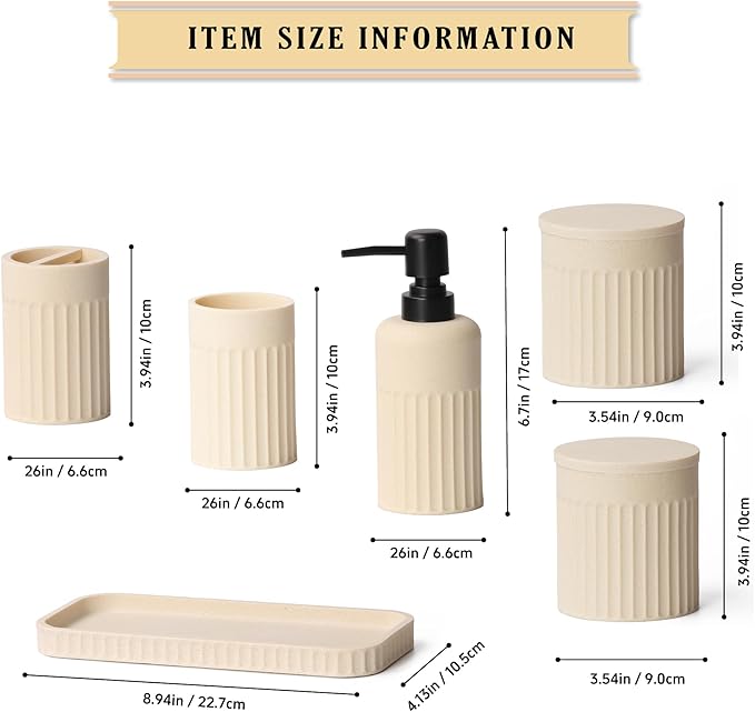 Bathroom Accessory Set - 6 Pieces Bathroom Accessories Set Complete with Soap Dispenser, Toothbrush Holders, Tumbler, Vanity Tray and 2 Qtip Holder for Home Organizer and Decor, Beige
