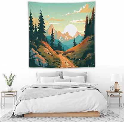HZOHNAGO Mountain Tapestry Forest Mountain Sunrise Road Pattern Printed Wall Tapestry Wall Hanging for Bedroom Living Room Dorm 60" W x 60" H