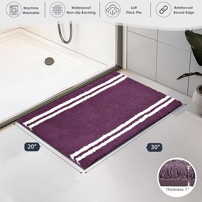 PURRUGS Bathroom Rug Non-Slip Machine Washable 20" x 30", Super Absorbent and Quick Dry Shaggy Microfiber Bath Mat, Extra Soft and Plush Bath Rug for Bathtub, Shower and Sink, Purple