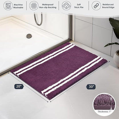PURRUGS Bathroom Rug Non-Slip Machine Washable 20" x 30", Super Absorbent and Quick Dry Shaggy Microfiber Bath Mat, Extra Soft and Plush Bath Rug for Bathtub, Shower and Sink, Purple