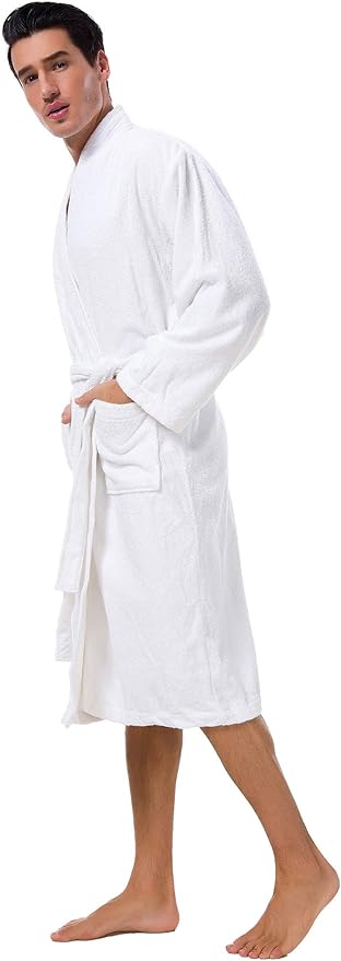 SIORO Mens Robe Terry Cloth Kimono Bathrobe Cotton Soft Shower Towel Bath Robes Calf Length Housecoat for Spa Hotel Hot Tub