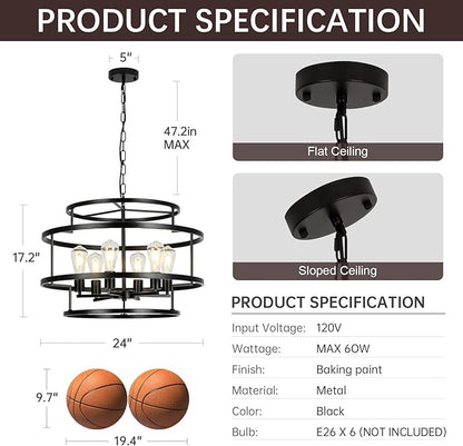 24" Black Chandelier, 6-Light Farmhouse Pendant Light Fixture with Geometric Metal Frame, Modern Industrial Ceiling Hanging Light for Dining Room, Living Room, Bedroom, Kitchen Island, Hallway, Foyer