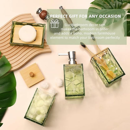 Sage Green Bathroom Accessories Set, Toothbrush Holder, Soap Dispenser, Cotton Swabs Holder, Soap Dish, Toilet Brush with Holder, Boho Bamboo Bathroom Decor,Acrylic (Green)