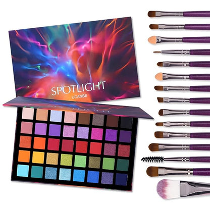 UCANBE Spotlight Eyeshadow Palette + 15 PCS Eye Brushes Makeup Set, Professional 40 Color Matte Shimmer Glitter Eye Shadow Pallet Highly Pigmented Waterproof Long Lasting Make up Pallete