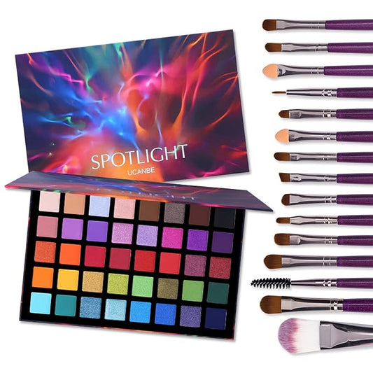 UCANBE Spotlight Eyeshadow Palette + 15 PCS Eye Brushes Makeup Set, Professional 40 Color Matte Shimmer Glitter Eye Shadow Pallet Highly Pigmented Waterproof Long Lasting Make up Pallete