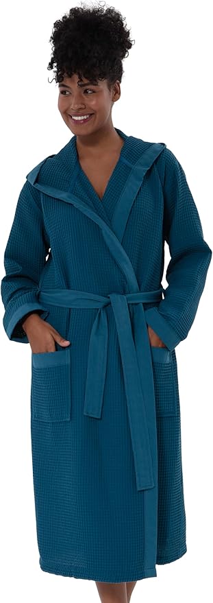 Women’s Luxury Waffle Shawl Collar, Hooded Robe w Piping – Lightweight, Long, Ultra Soft Spa Sleepwear Bathrobe