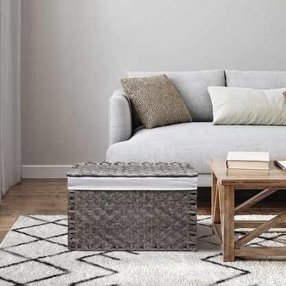 Wicker Storage Basket with Lid, 42.3 Gallon (160L) Large Blanket Basket with Lid, Woven Storage Bin with Handles, Removable Liner, Metal Frame, Foldable, for Bedroom, Laundry Room, Grey