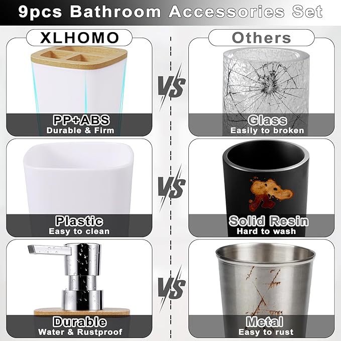 White Bathroom Accessories Set, 9 Piece Bathroom Accessory Set with Trash Can,Toothbrush Holder,Toothbrush Cup,Lotion Soap Dispenser,Vanity Tray,Soap Dish,Toilet Brush,Qtip Holder