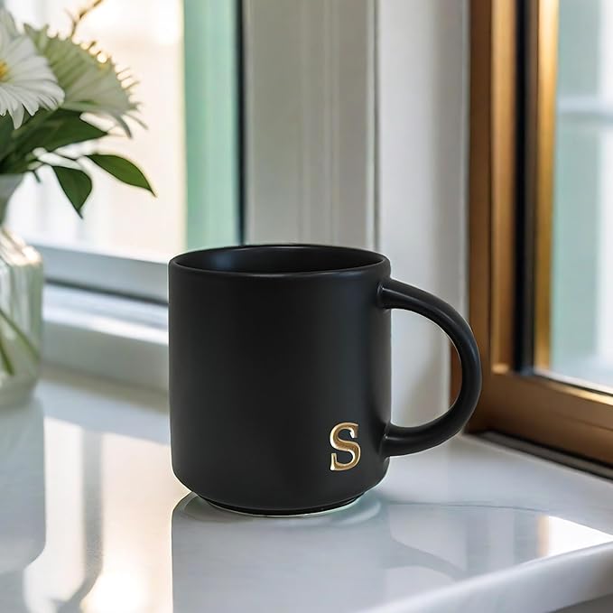 COLLECTIVE HOME - Black Monogram Ceramic Mugs, 15 oz Golden Initial Coffee Cups, Elegant Alphabet Tea Mugs, Personalized Halloween Mug with Gift Box, Perfect for Office and Home Décor (s)