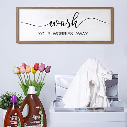 Wash Your Worries Away Wall Art Sign 32"×12" Laundry Room Large Wood Framed Restroom Toilet Wall Decor Hanging (Wood)