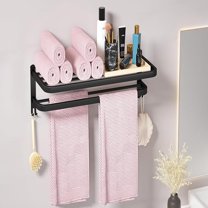 DDS-DUDES Black Towel Racks for Bathroom Towel Shelf with Double Towel Bars Lavatory Wall Mount Holder with Hooks Stainless Steel Hotel Bath Rack (Matte Black 15 inches)