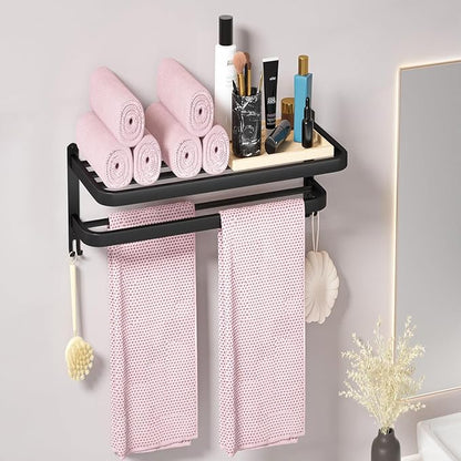 DDS-DUDES Black Towel Racks for Bathroom Towel Shelf with Double Towel Bars Lavatory Wall Mount Holder with Hooks Stainless Steel Hotel Bath Rack (Matte Black 15 inches)