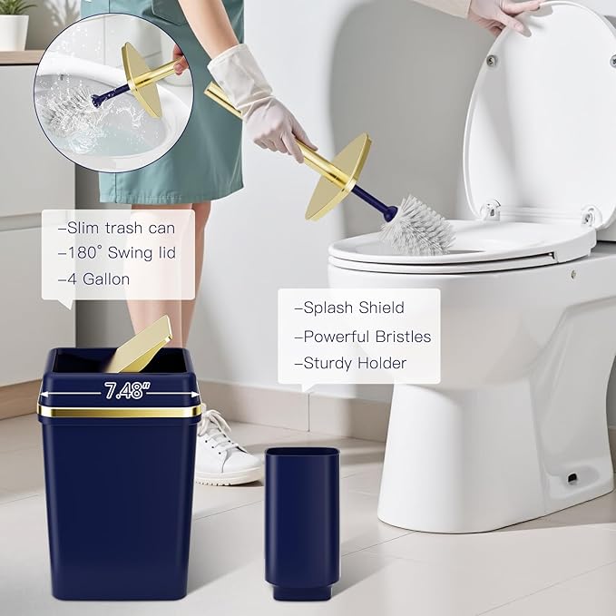 9PCS Bathroom Accessory Set, Navy Blue Bathroom Set with Large-Capacity 4 Gallon Trash Can, Bathroom Accessories Set Complete Toothbrush Holder, Soap Dispenser, Toilet Brush, Bathroom Decor