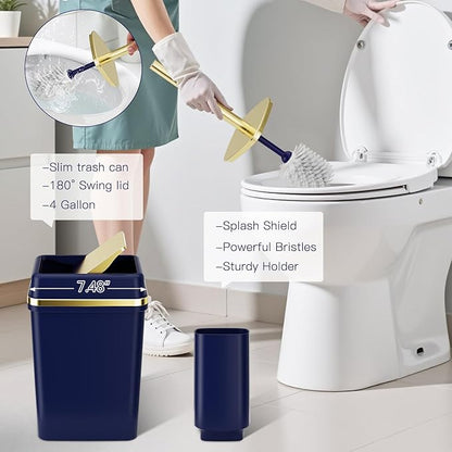 9PCS Bathroom Accessory Set, Navy Blue Bathroom Set with Large-Capacity 4 Gallon Trash Can, Bathroom Accessories Set Complete Toothbrush Holder, Soap Dispenser, Toilet Brush, Bathroom Decor