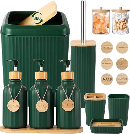 Bathroom Set 17PCS Bathroom Accessories with Trash Can 3PCS Lotion Soap Dispenser,Bathroom Accessories Set Green Bathroom Sets for Bathroom Decor
