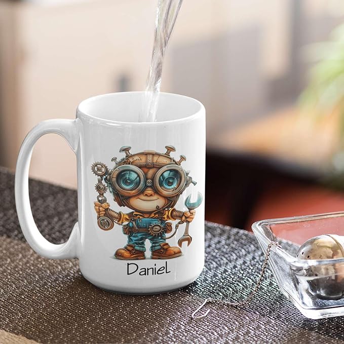 Personalized Tech Enthusiast Coffee Cup 11oz 15oz, Customized Steampunk Character Design Ceramic Mug, Unique Custom Name Mug Gift For Engineer, Kid Cup, Cute Mechanic White Cup