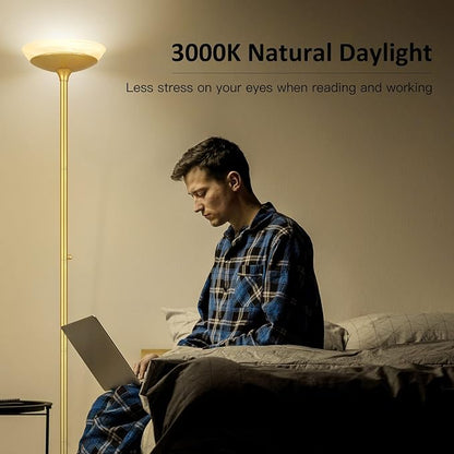 BoostArea Torchiere Floor Lamp, 24W Super Bright LED Standing Lamp, 3000K Stepless Dimmable Pole Lamp with Rotary Switch, 70 Inch Tall Metal Modern Floor Lamps for Living Room/Bedroom/Office/Den, Gold