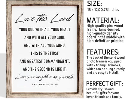 Christian Wall Plaque, Master Bedroom Decor Above Bed, Rustic Farmhouse Christian Decor, Matthew 22:37-39 Signs, Framed Wall Plaque Sign 15 * 11.5 inches, Love the Lord Sign