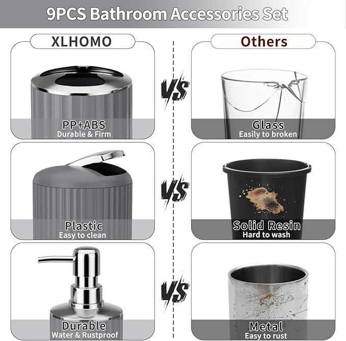 9PCS Gray Bathroom Accessories Set Complete with Trash Can, Vanity Tray, Soap Dispenser, Soap Dish, Toothbrush Holder, Toothbrush Cup, Toilet Brush and Qtip Holders
