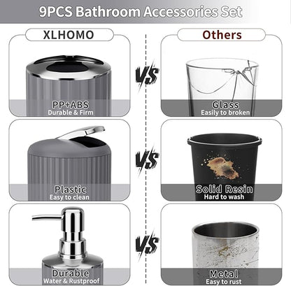 9PCS Gray Bathroom Accessories Set Complete with Trash Can, Vanity Tray, Soap Dispenser, Soap Dish, Toothbrush Holder, Toothbrush Cup, Toilet Brush and Qtip Holders