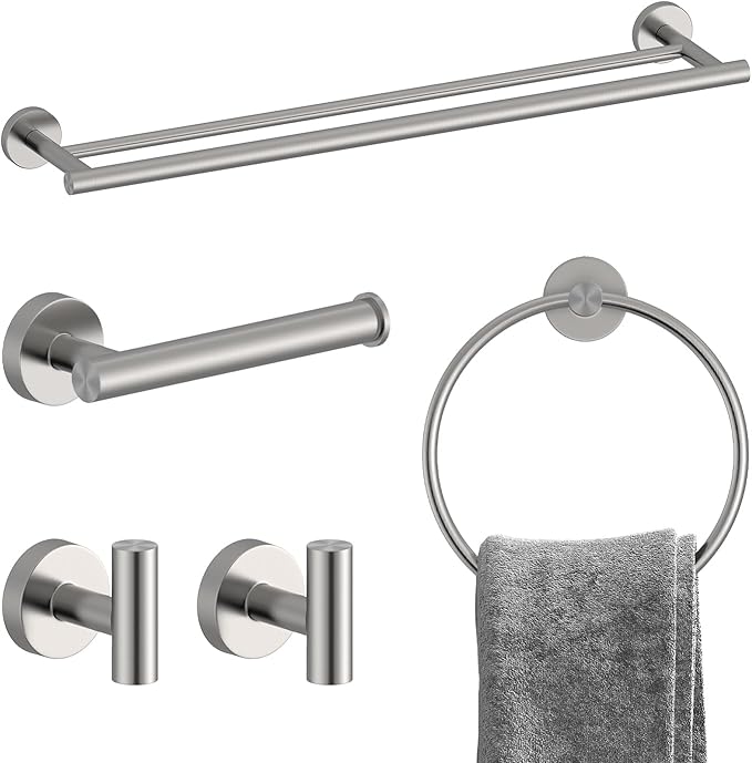 Brushed Nickel Bathroom Accessories Set, SUS304 Stainless Steel 5 Pieces Bathroom Hardware Set, 24" Double Bath Towel Bar Set, 2 Towel Hooks, Toilet Paper Holder, Towel Racks for Bathroom Wall Mounted
