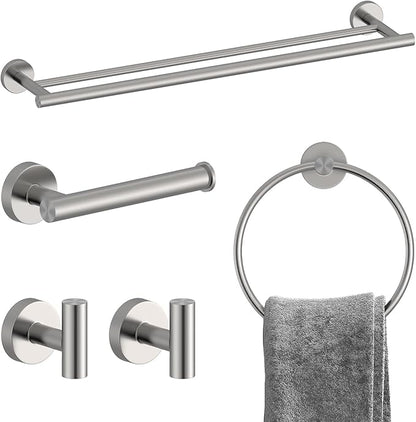 Brushed Nickel Bathroom Accessories Set, SUS304 Stainless Steel 5 Pieces Bathroom Hardware Set, 24" Double Bath Towel Bar Set, 2 Towel Hooks, Toilet Paper Holder, Towel Racks for Bathroom Wall Mounted