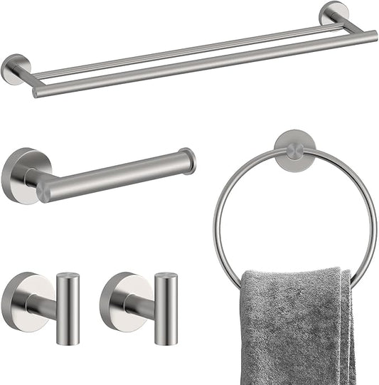 Brushed Nickel Bathroom Accessories Set, SUS304 Stainless Steel 5 Pieces Bathroom Hardware Set, 24" Double Bath Towel Bar Set, 2 Towel Hooks, Toilet Paper Holder, Towel Racks for Bathroom Wall Mounted