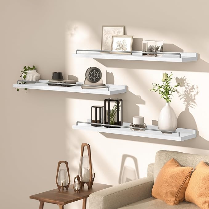 32 inches Long Floating Shelves, Bathroom Decor Shelves Over Toilet, Farmhouse Wall Shelves for Living Room, Bedroom, Picture Frames, Plants, Kitchen, Set of 3 (White and Grey)