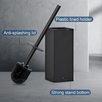 Toilet Brush and Holder Set, NEWRAIN Stainless Steel Toilet Brush with Long Brush Handle, Matte Black Toilet Scrubber and Covered Holder, Square Design Sturdy and Space Saving