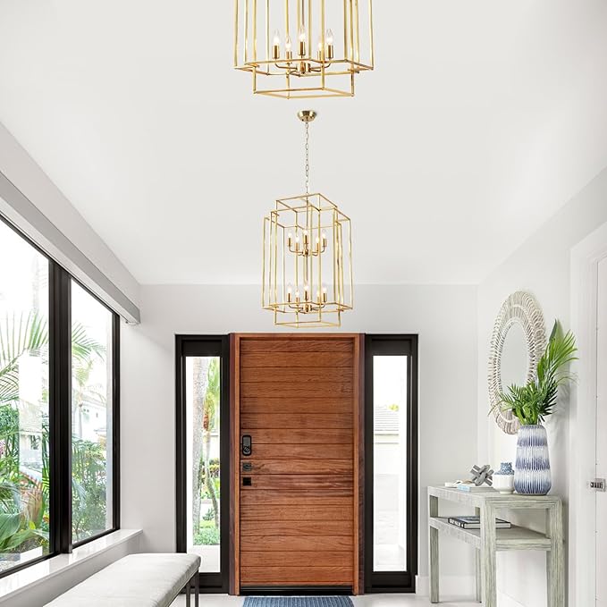 30" Farmhouse Gold Chandelier, 10-Light Foyer Lighting Fixtures, Lantern Tiered Pendant Light Fixtures, Metal Rustic High Ceiling Chandelier for Dining Room Entryway Staircase