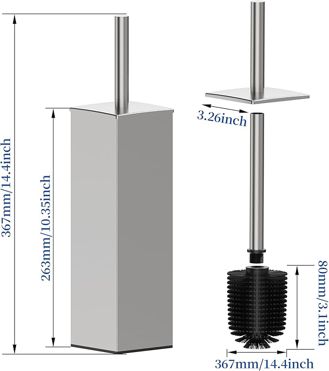 RUACQ Toilet Brush and Holder Set 2pcs,Square Toilet Bowl Brush for Bathroom with 304 Stainless Steel Handle Toilet Cleaner Brush with Durable Scrubbing Bristles,Splash-Proof (Brushed Nickel)