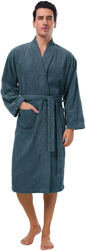 SIORO Mens Robe Terry Cloth Kimono Bathrobe Cotton Soft Shower Towel Bath Robes Calf Length Housecoat for Spa Hotel Hot Tub