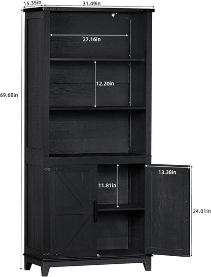 70in Tall Bookshelf 5 Tier Bookcase with Barn Doors and Adjustable Shelves, Black Farmhouse Book Shelf with Storage Cabinet, Wood Freestanding Display Bookshelves for Bedroom, Living Room