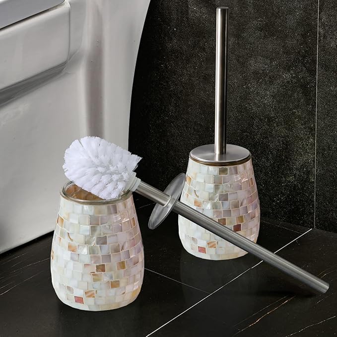 WDHODEC Natural Shell Toilet Brush and Holder Set Mosaic Glass, Stainless Steel Toilet Scrubber Brush, Decorative Toilet Bowl Brush and Holder, Luxury Bathroom Accessories