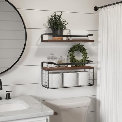 WOPITUES Floating Shelves with Wire Storage Basket, Bathroom Shelves Over Toilet with Protective Metal Guardrail, Wood Wall Shelves for Bathroom, Bedroom, Living Room, Toilet Paper- Dark Brown