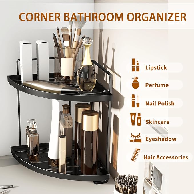 2-Tier Bathroom Counter Organizer, Corner Bathroom Organizer Countertop, Black Vanity Tray Counter Corner Shelf, Corner Organizer for Skincare Makeup Kitchen Storage, 8.2''L x 8.2''W x 11.2''H