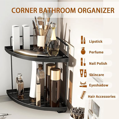 2-Tier Bathroom Counter Organizer, Corner Bathroom Organizer Countertop, Black Vanity Tray Counter Corner Shelf, Corner Organizer for Skincare Makeup Kitchen Storage, 8.2''L x 8.2''W x 11.2''H