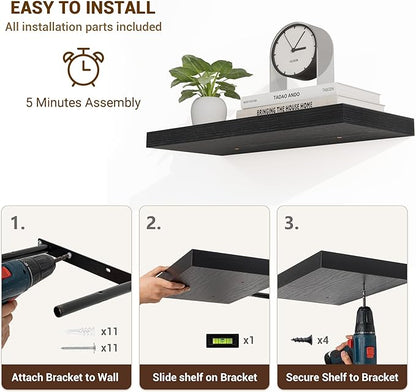 24 Inch Floating Shelves, 24"x9.25"x1.5" Inch Deep Floating Shelves for Wall, Wooden Shelves for Bathroom, Bedroom, Living Room, Black, 2 Pieces