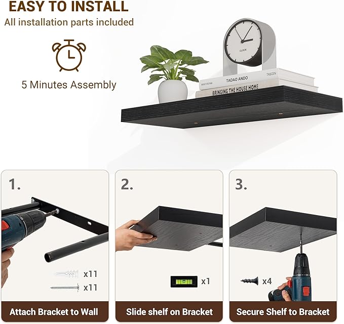 36 Inch Floating Shelves, 36"x9.25"x1.5" Inch Deep Floating Shelves for Wall, Wooden Shelves for Bathroom, Bedroom, Living Room, Black, 2 Pieces