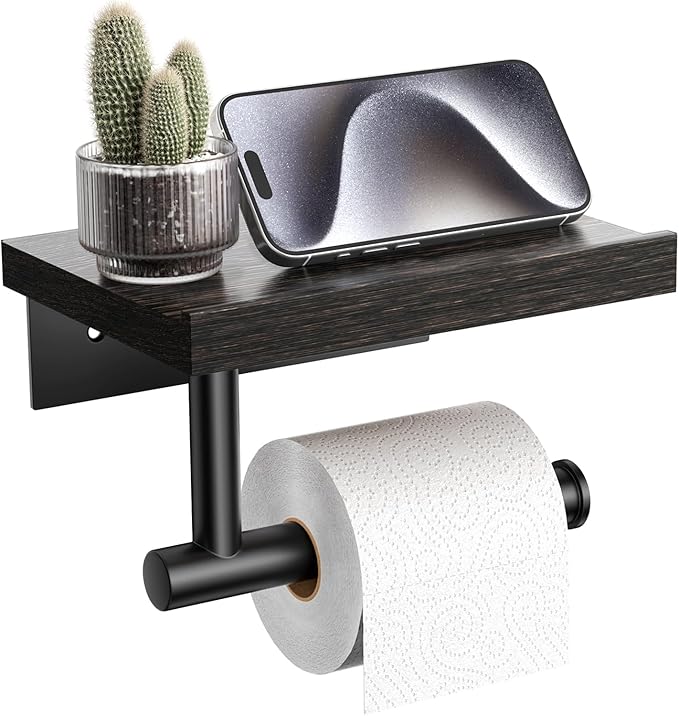 Tindbea Toilet Paper Holder with Wood Shelf, Wooden Wall Mount Tissue Paper Roll Holder, Matte Black Stainless Steel Bathroom Accessories Decor for Household Home Apartment Restroom Essential (Wenge)