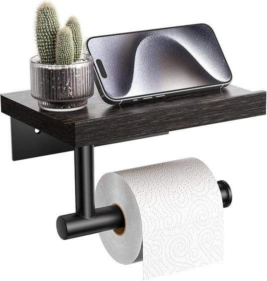 Tindbea Toilet Paper Holder with Wood Shelf, Wooden Wall Mount Tissue Paper Roll Holder, Matte Black Stainless Steel Bathroom Accessories Decor for Household Home Apartment Restroom Essential (Wenge)