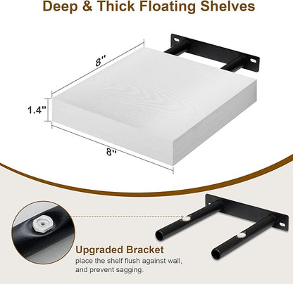 8 Inch Deep Floating Shelves White, Rustic Wood Floating Shelf for Home Decor, 8 x 8 Inch Square Wall Shelves, Wooden Storage & Display Shelves for Kitchen, Bathroom, Living Room, Set of 2