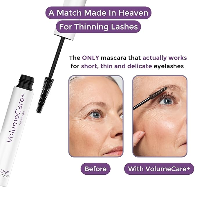 VolumeCare+ Mascara For Older Women - Extreme Length and Volume 2-in-1 Formula - No Clumps, Long-Wearing, Hypoallergenic Mascara For Sensitive Eyes (Natural Black)