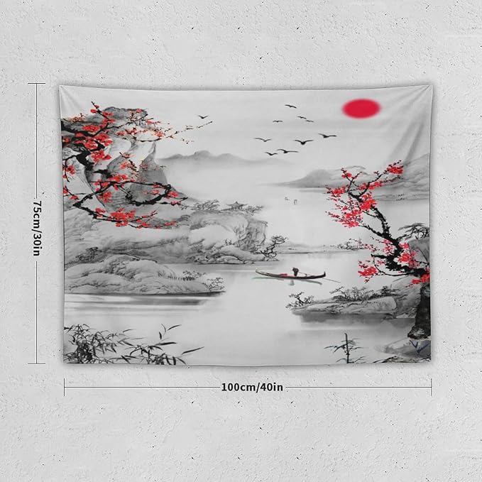Cherry Blossoms Tapestry, Japanese Red Landscape Watercolor Abstract Art, Asian Japanese Wall Tapestry, Nature Landscape Tapestries for Bedroom Living Room Decor 40"x30"